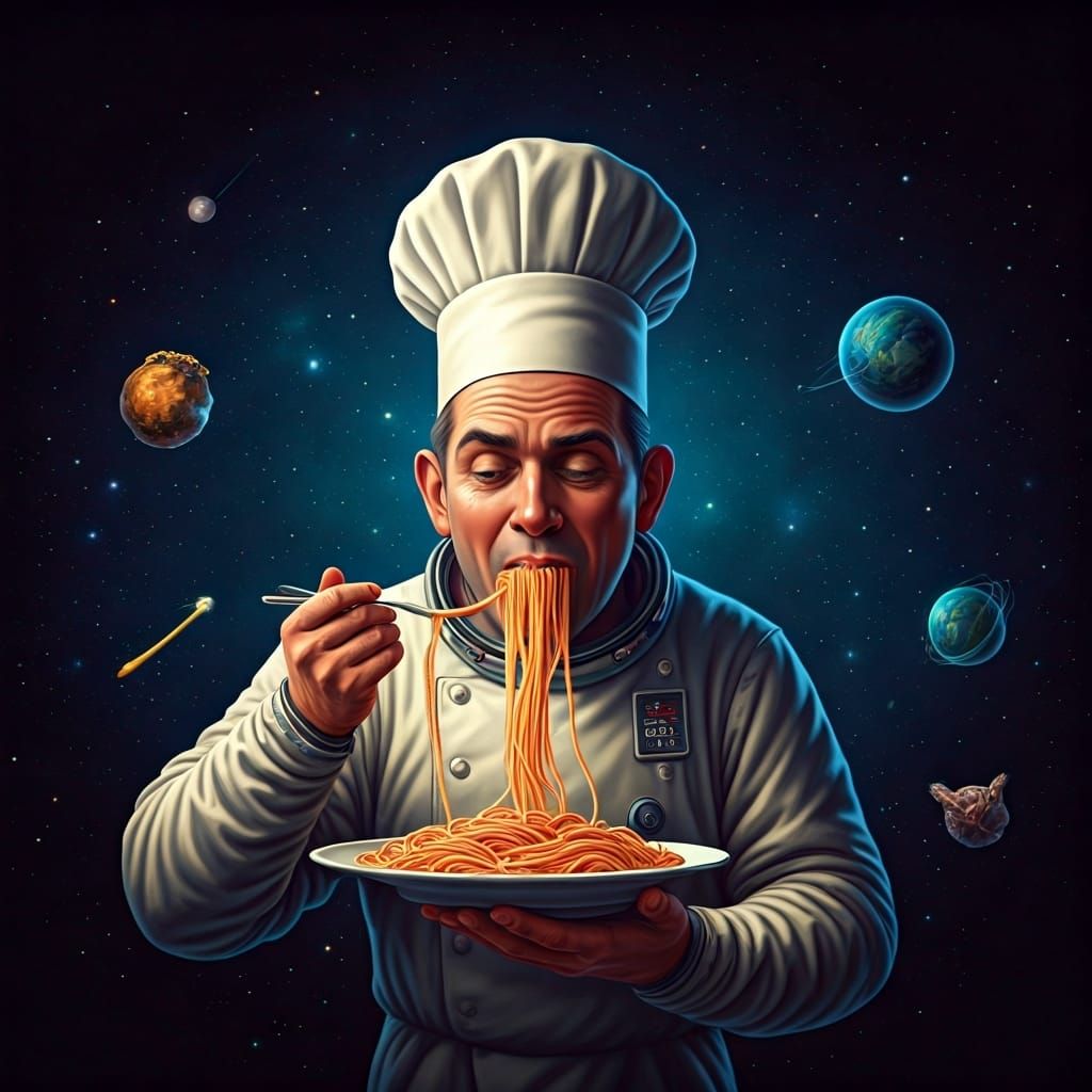 Astronaut Chef Devouring Spaghetti in Space