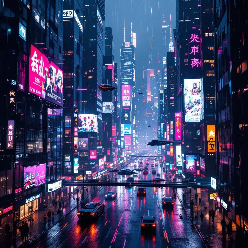 Cyberpunk Cityscape at Night with Neon Lights