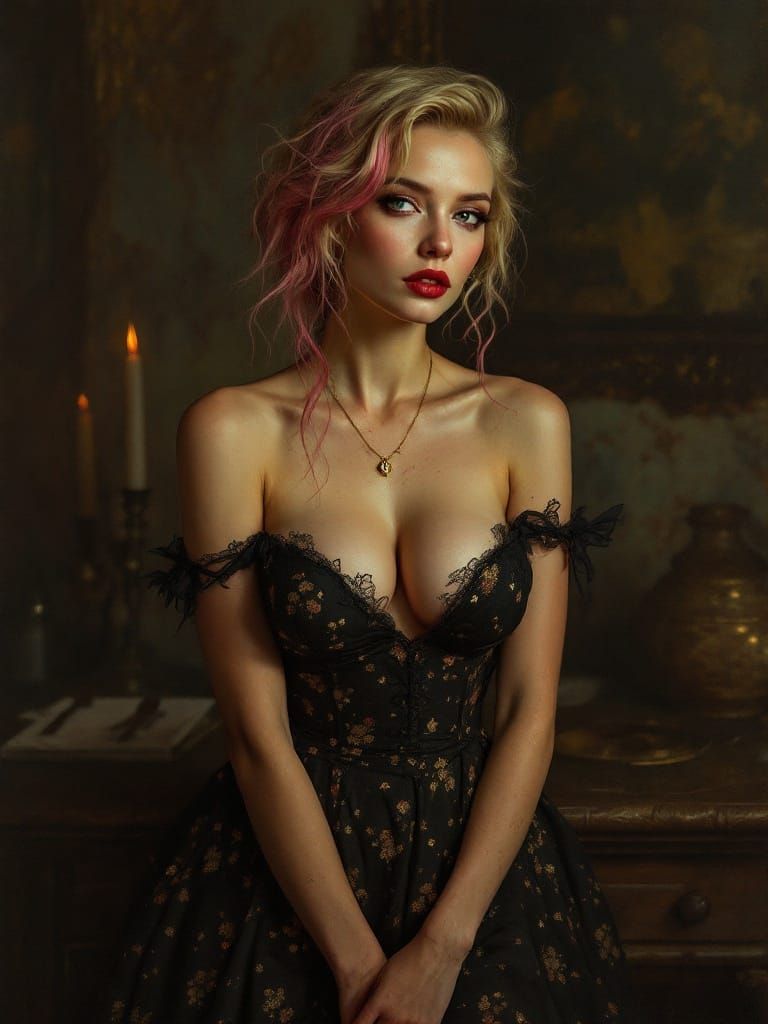 Pin-Up Woman in Amber Shadows, Roman Feast Style