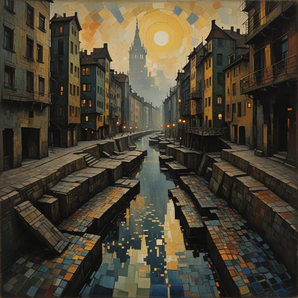 Riverbank Scene in Cubist Style with Triadic Color Scheme