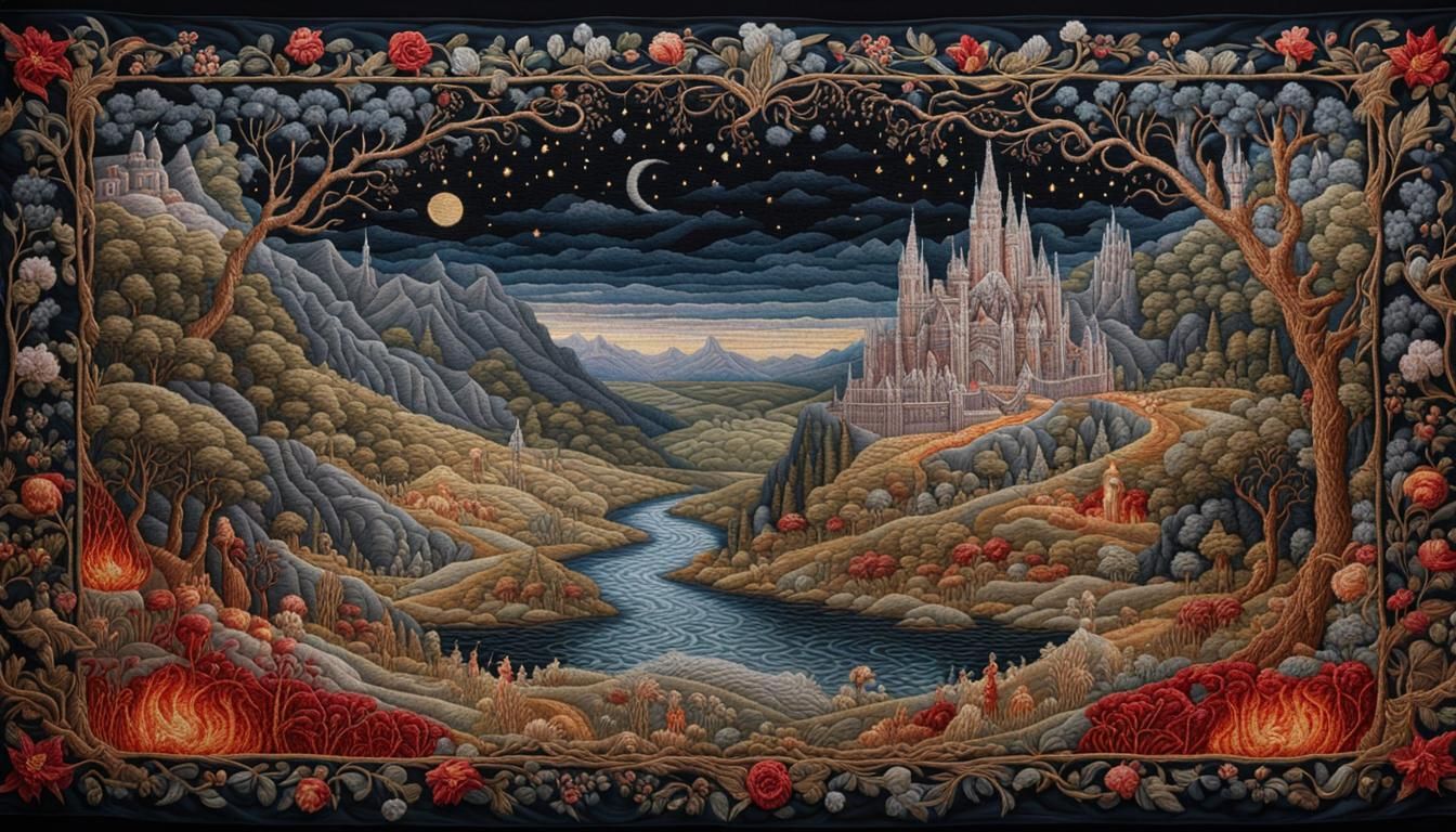 Dante's Inferno: Embroidered Tapestry in Art Nouveau Style