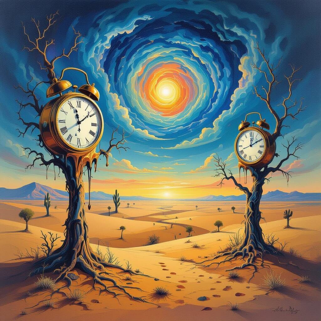 Surreal Dreamscape Painting of Melting Clocks