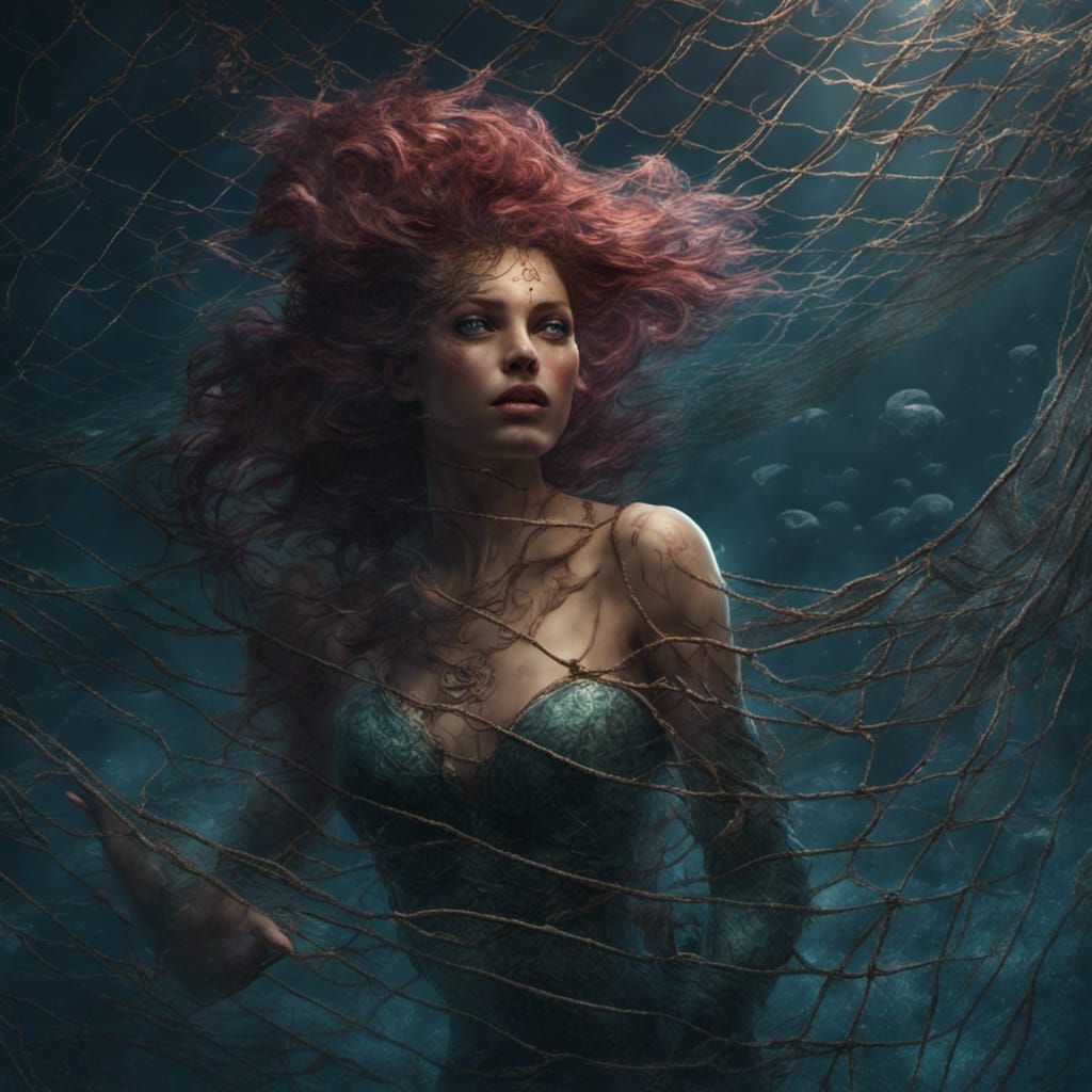 Dark Fantasy Mermaid Entangled in Fishing Net