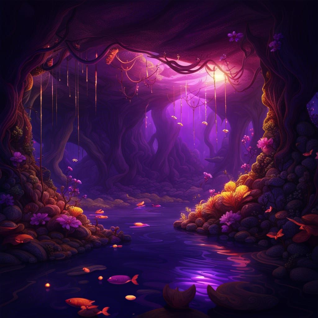 Lush Cave with Purple Vines and Amber Lights