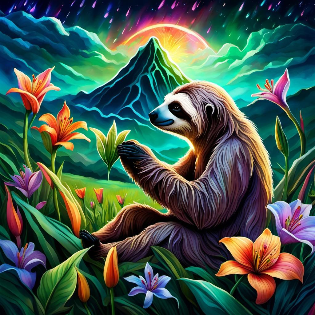 Holographic Sloth Grazing in Magical Flower Field