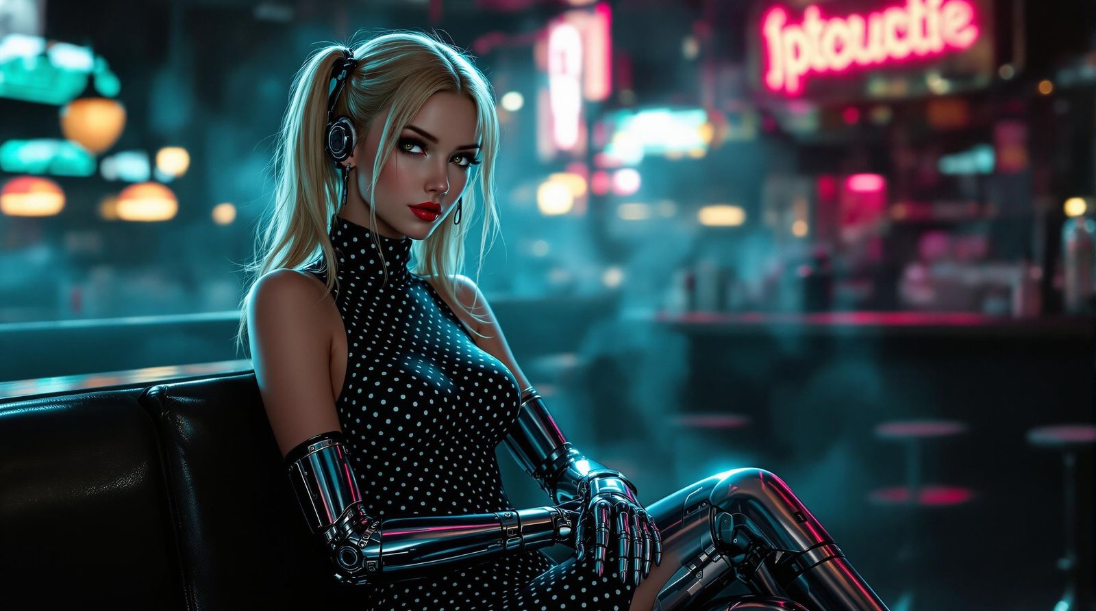 Cyberpunk Female Cyborg in Polka Dot Attire