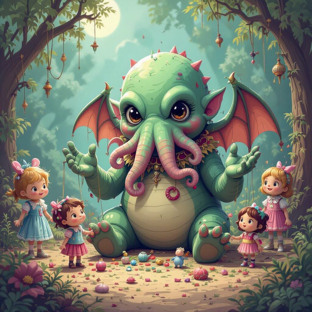 Cthulhu Playing with Puppets in Disney Cartoon Style