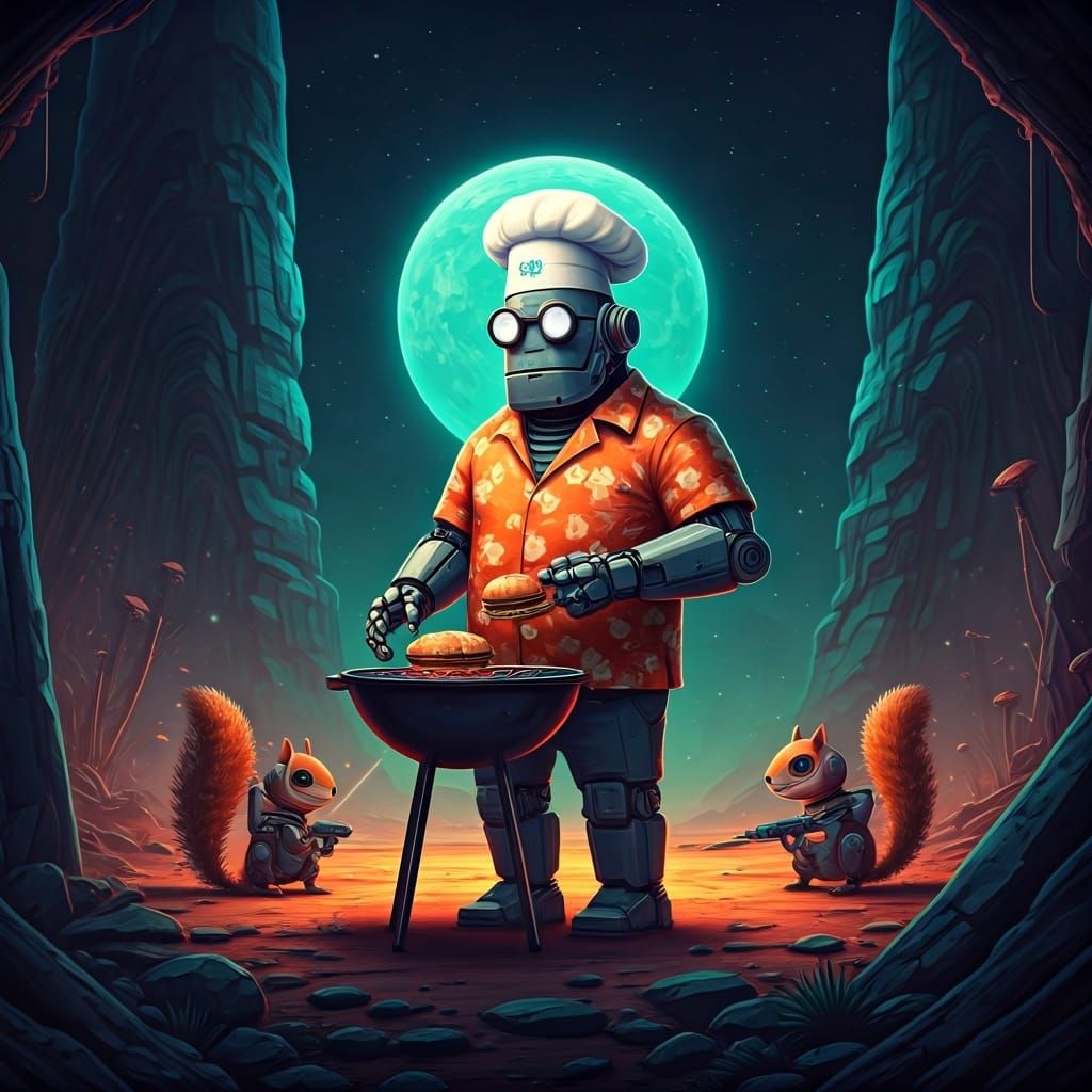 Robot Dad Grilling on Alien Planet