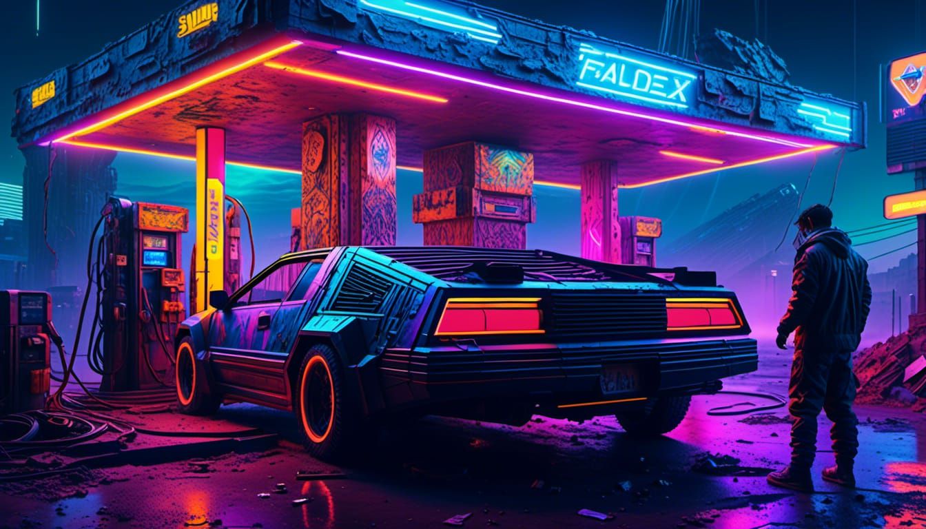Cyberpunk Gas Station at Night with Mechanic