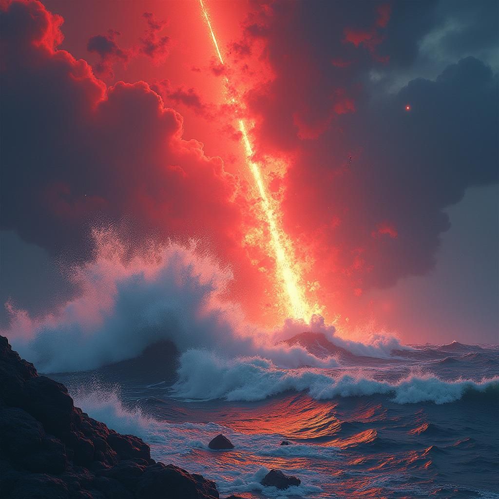 Red Meteor Impact on Turbulent Ocean in Fantasy Art