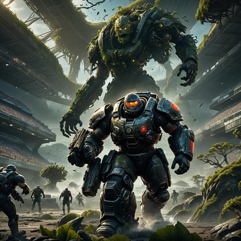 Gears of War Football Player in Overgrown Stadium