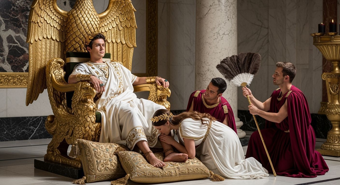 Youthful Roman Emperor on Eagle Throne in Palace
