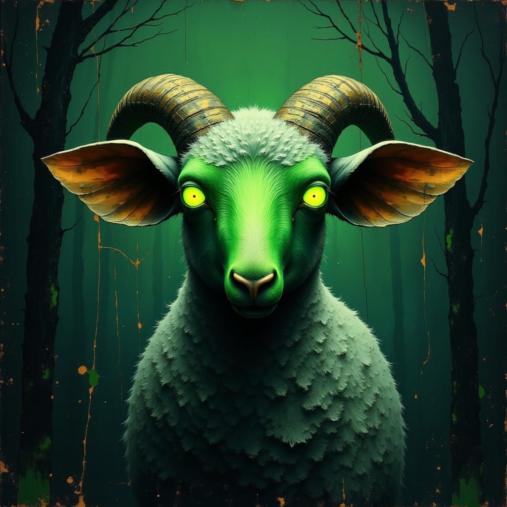 Eerie Glowing Green Faced Sheep in Moody Style