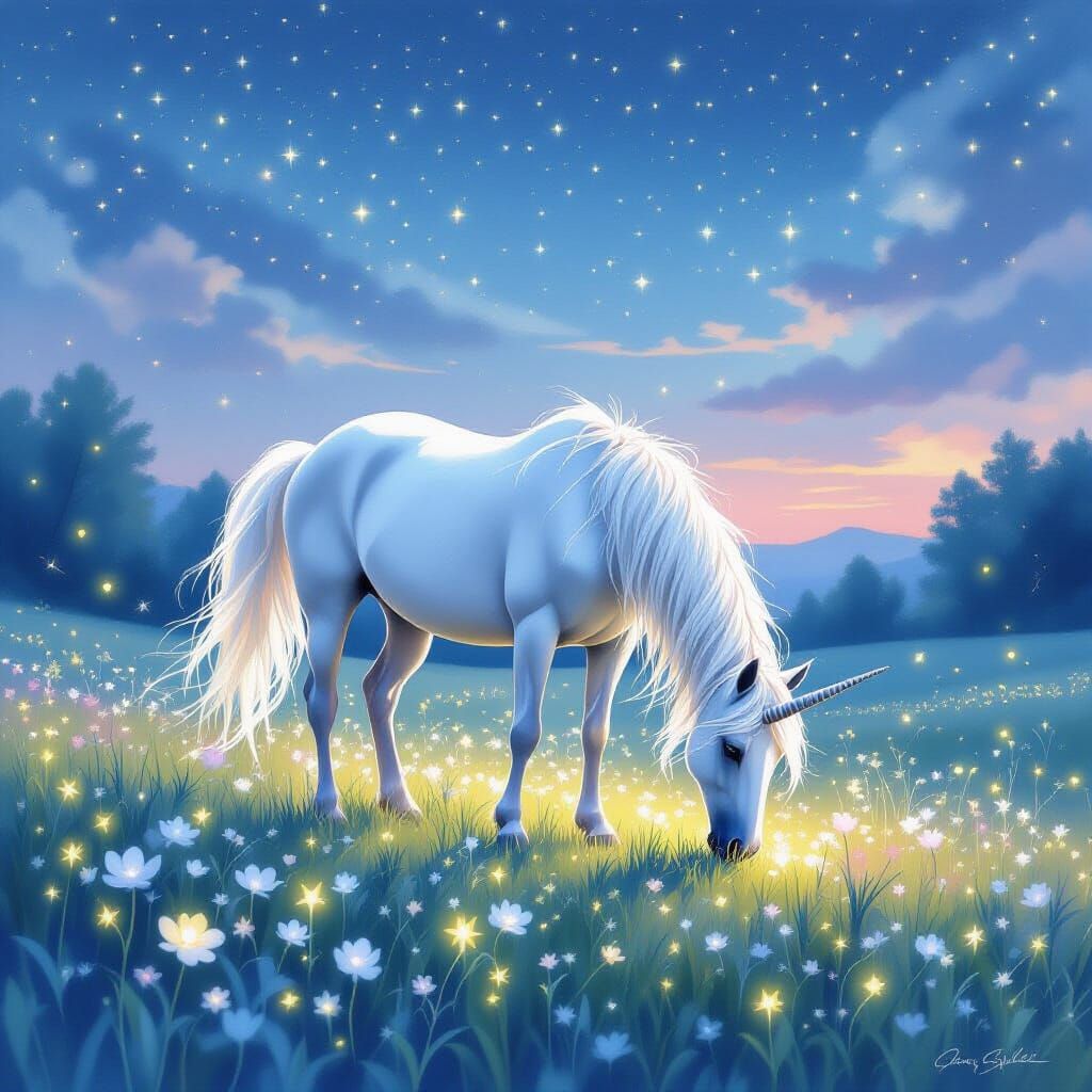 Unicorn in Bioluminescent Meadow: Watercolor Art