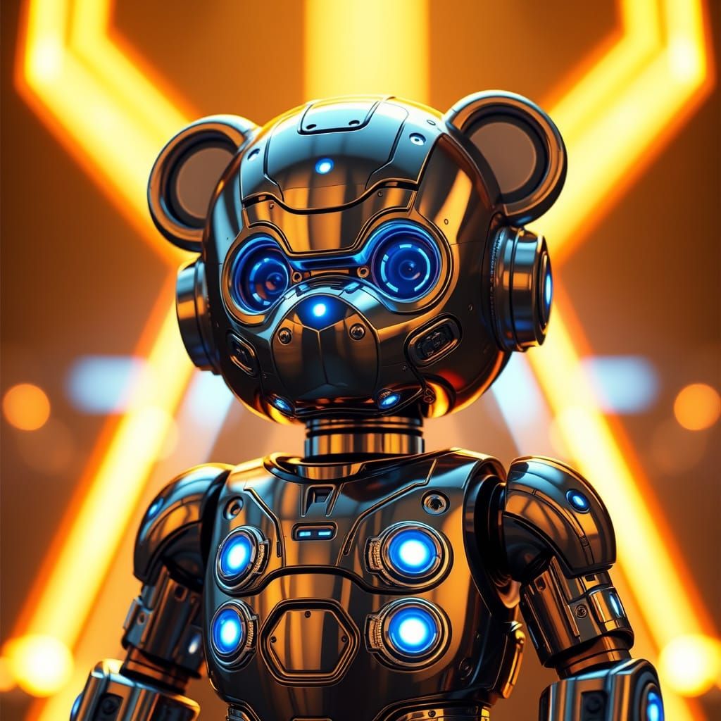 Heroic Metal Teddy Bear Robot in Neon Tron-Inspired Grid