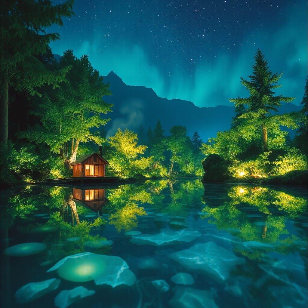 Bioluminescent Forest Lagoon with Cozy Cabin