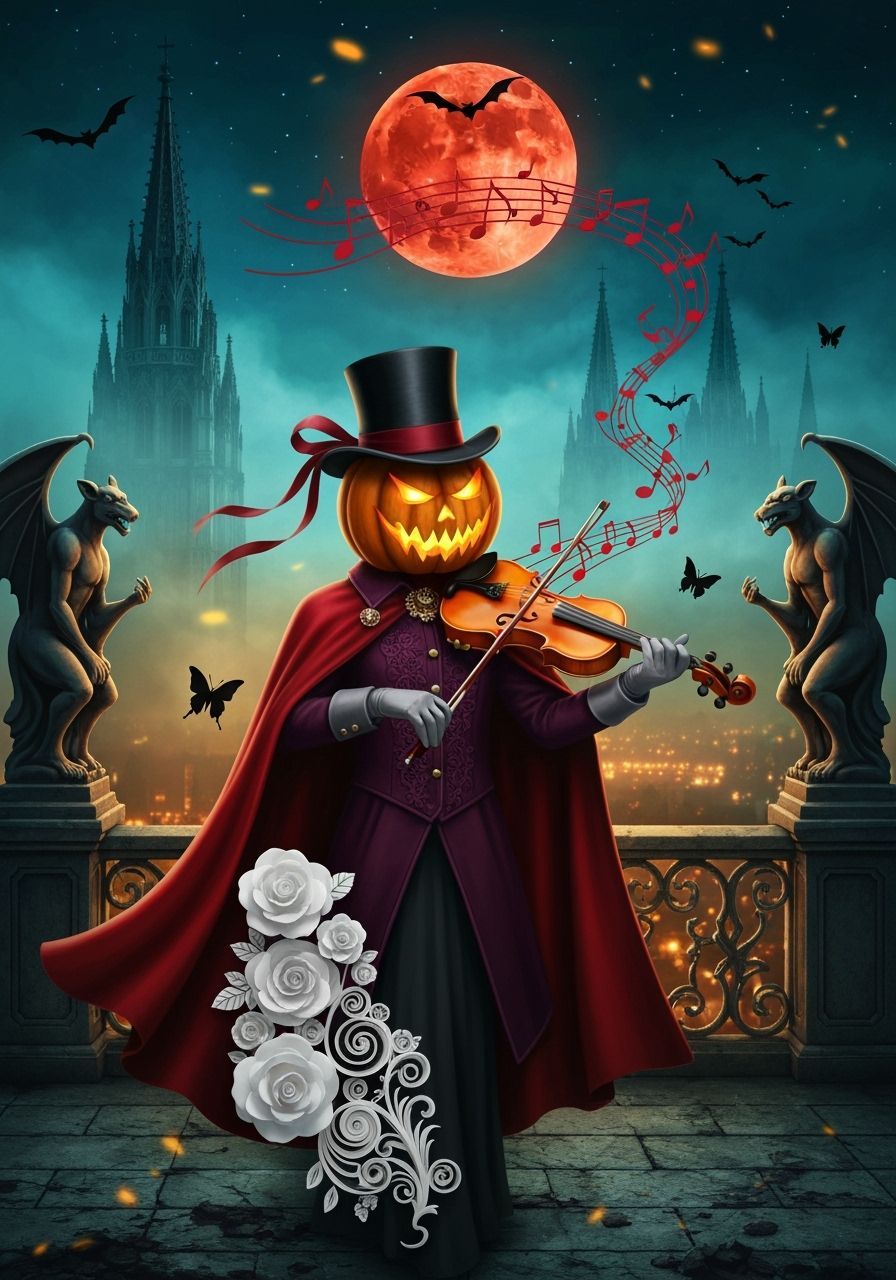 Jack-o'-Lantern Musician in Victorian Gothic Halloween Scene