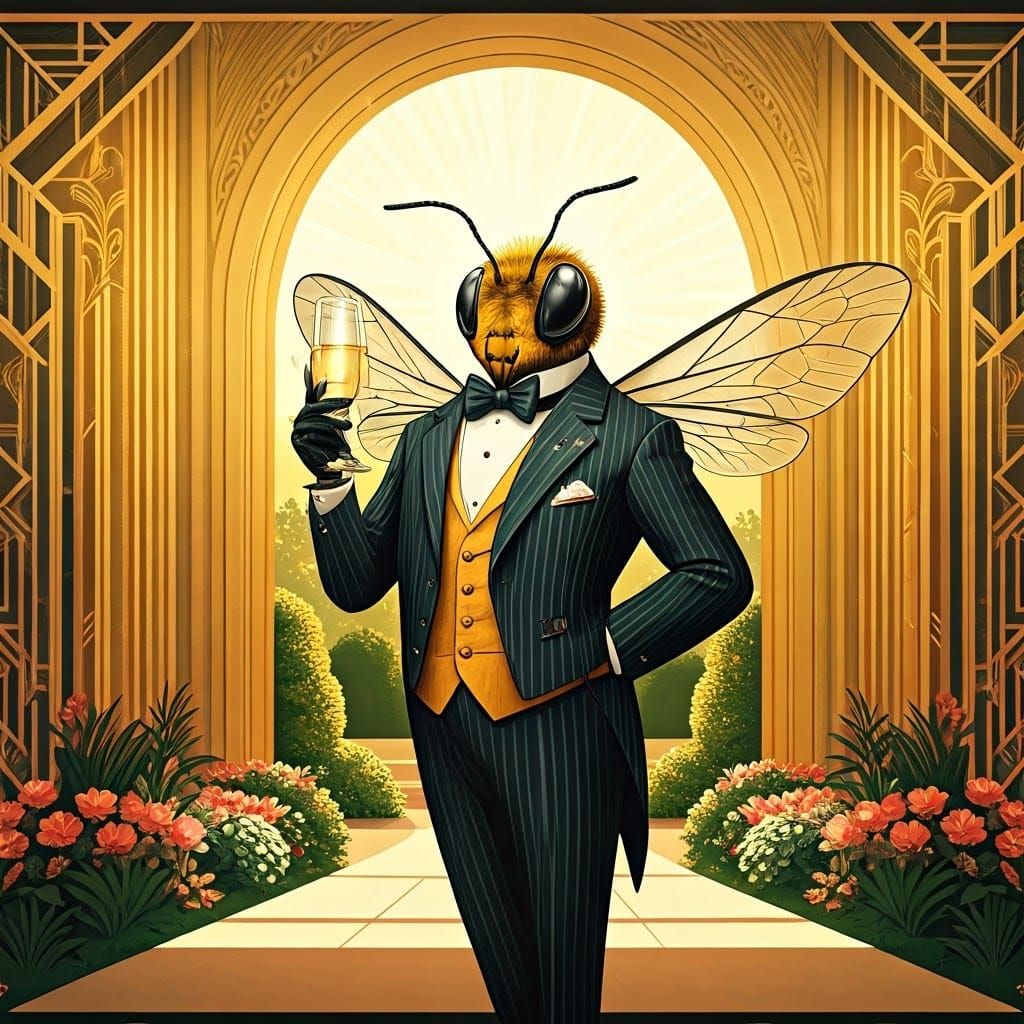 Confident Bee in Suit and Bow Tie at Lavish Garden Party