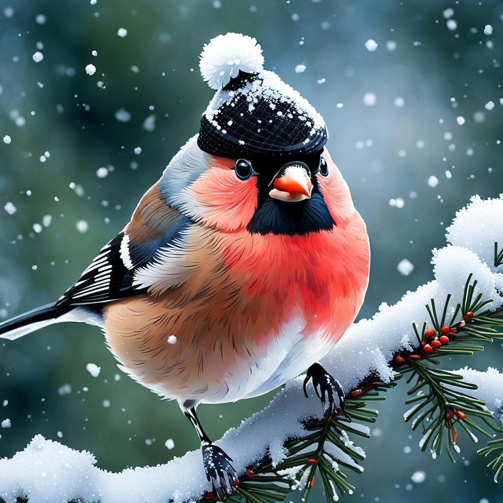 Cute Bullfinch in Hat on Snowy Branch
