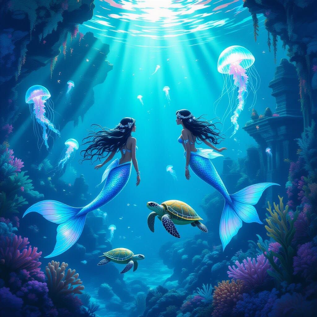 Magical Underwater City with Mermaids in Dreamy Surreal Styl...