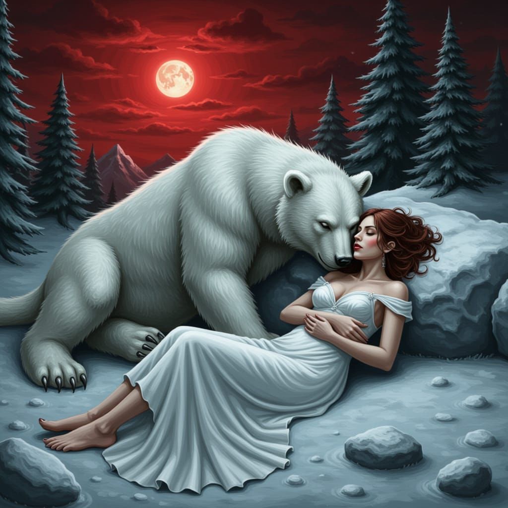 Woman Hugging White Bear in Snowy Landscape