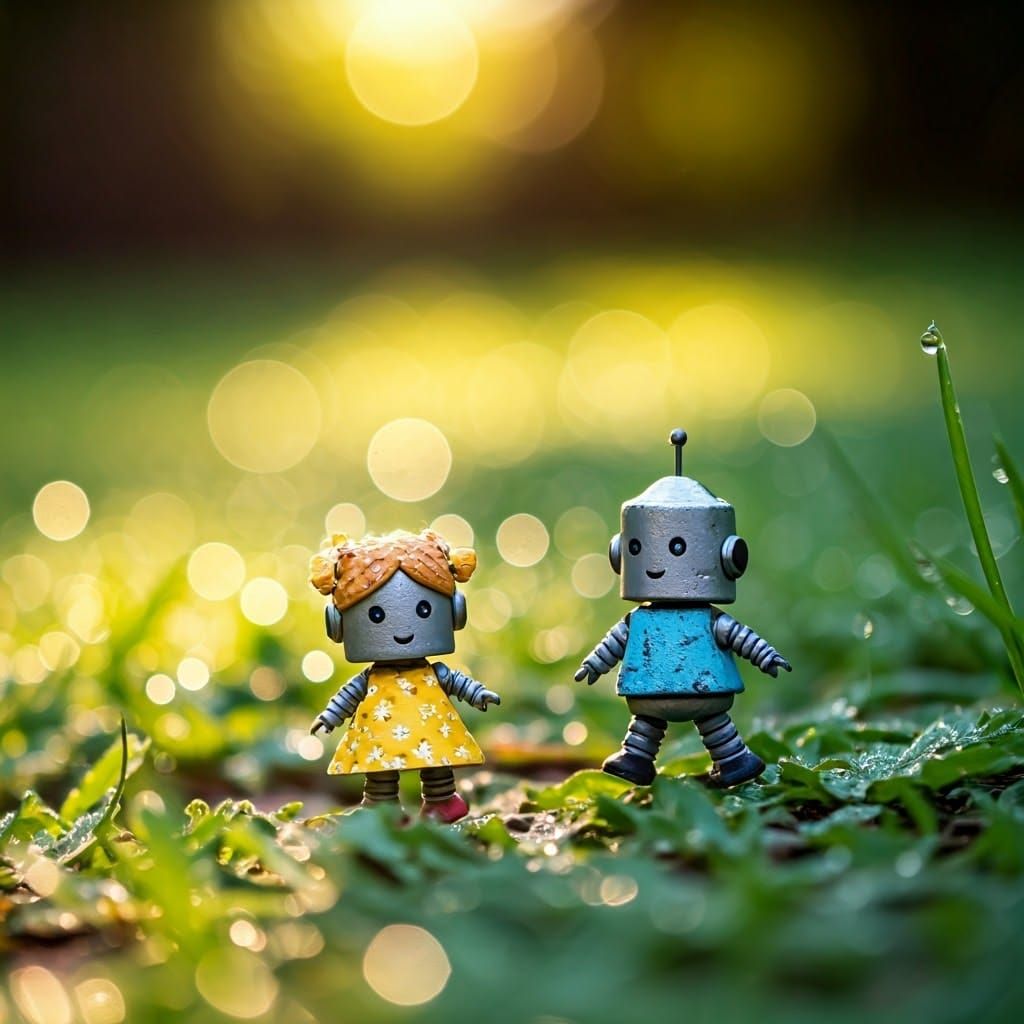 Tiny Robots Stroll in Dew-Kissed Park
