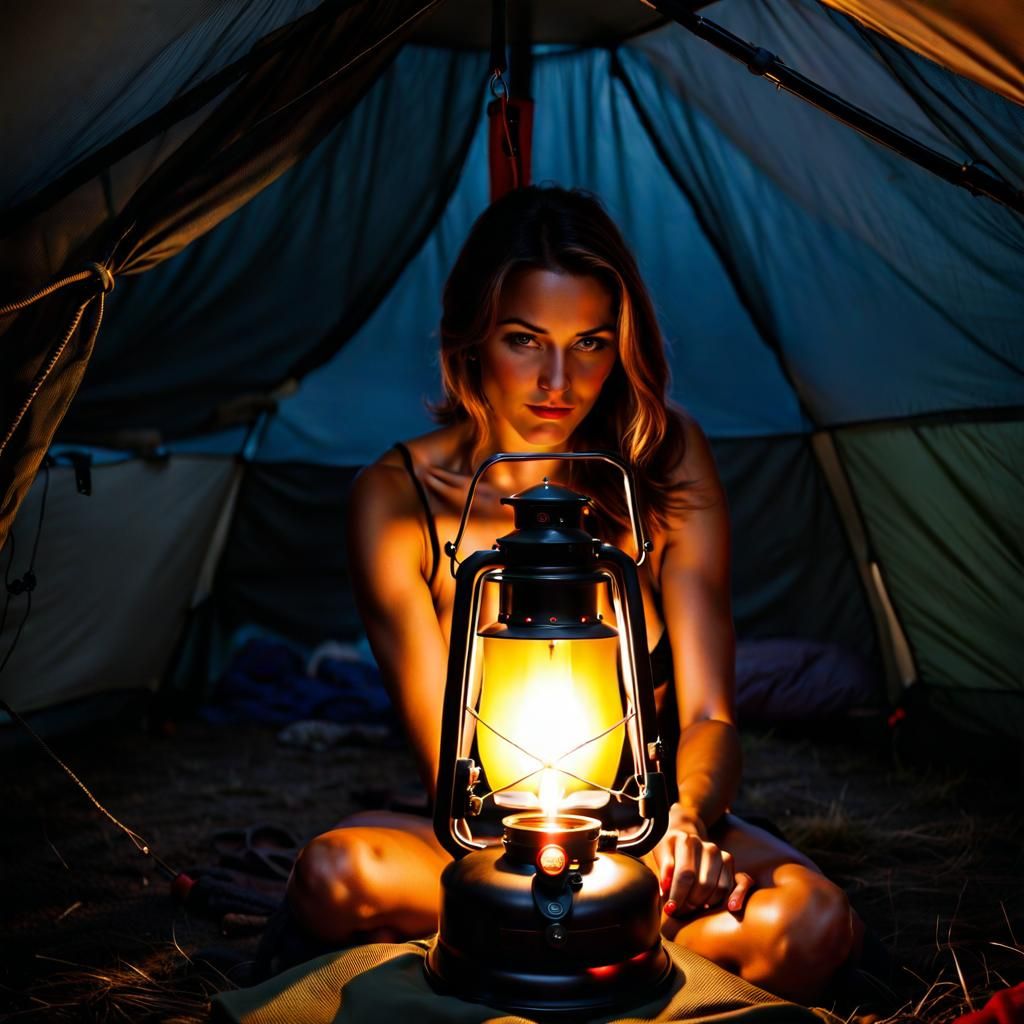 Woman in Tent Lit by Coleman Lantern