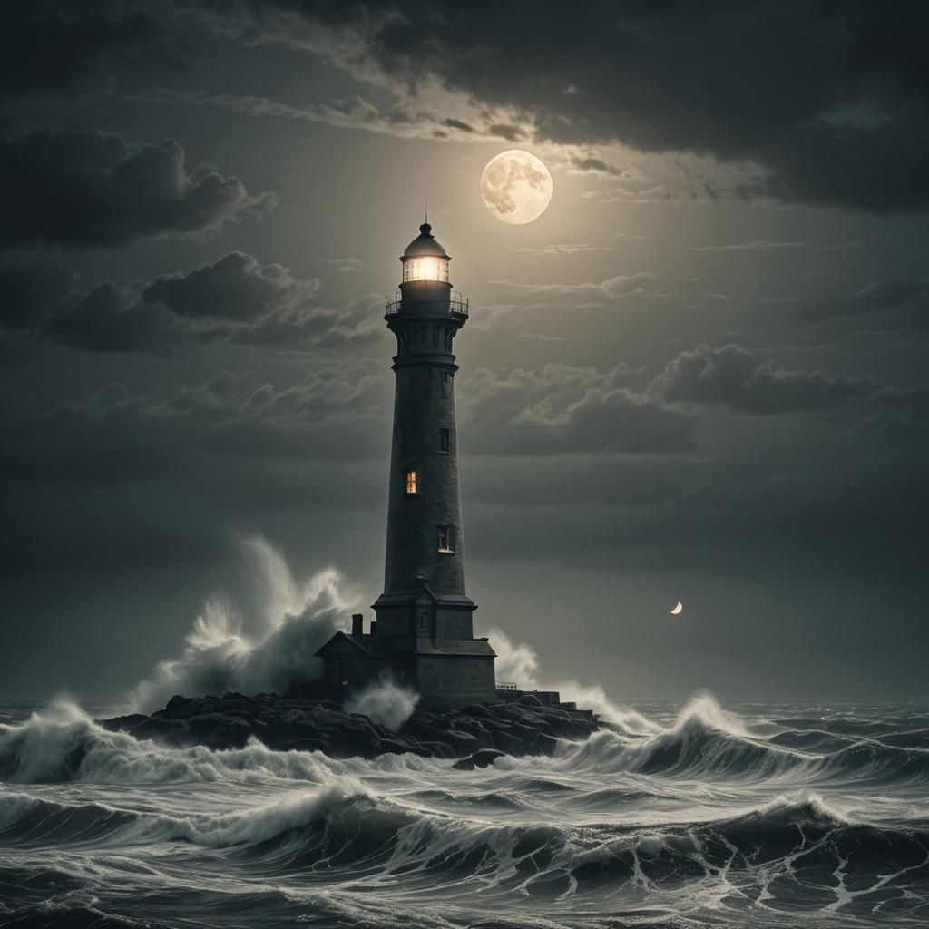 Eerie Lighthouse in Stormy Sea: Watercolor Expressionism