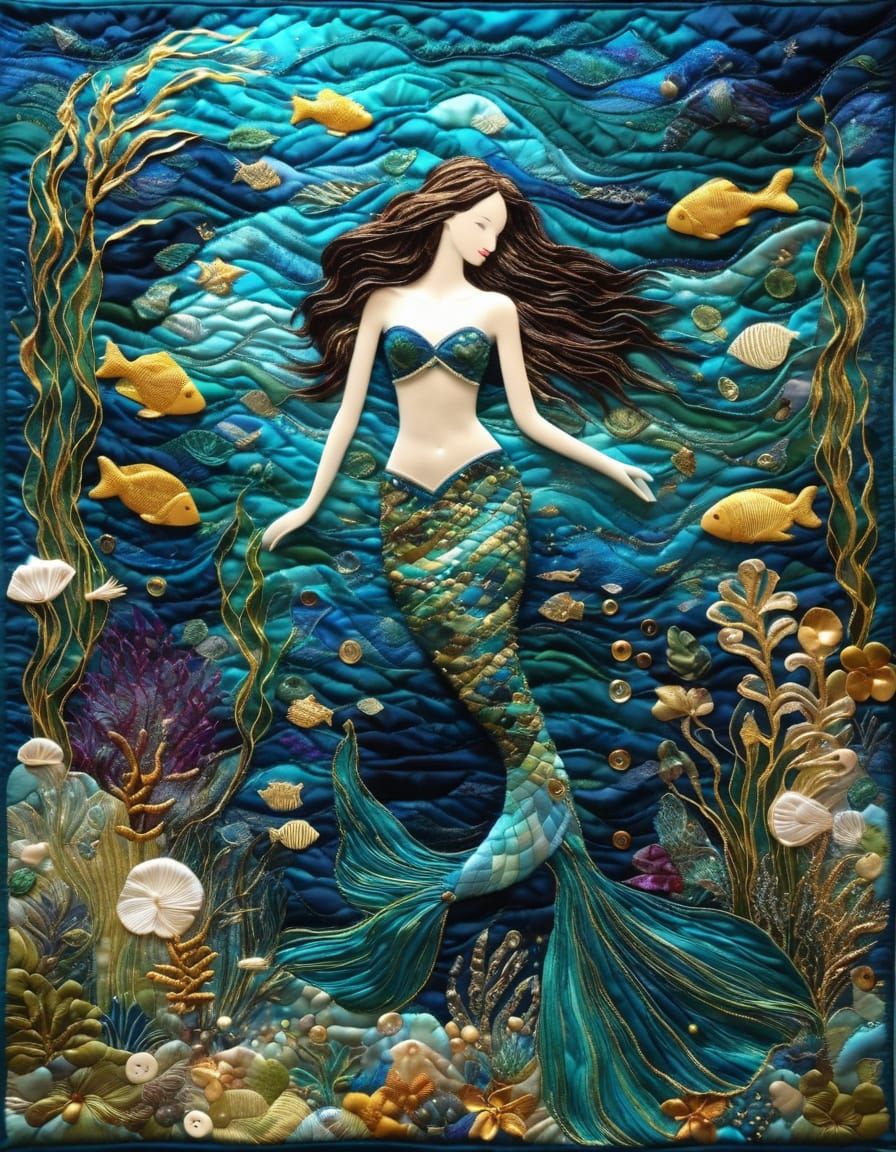 Enchanted Mermaid Quilt Art in Vibrant Summer Colors