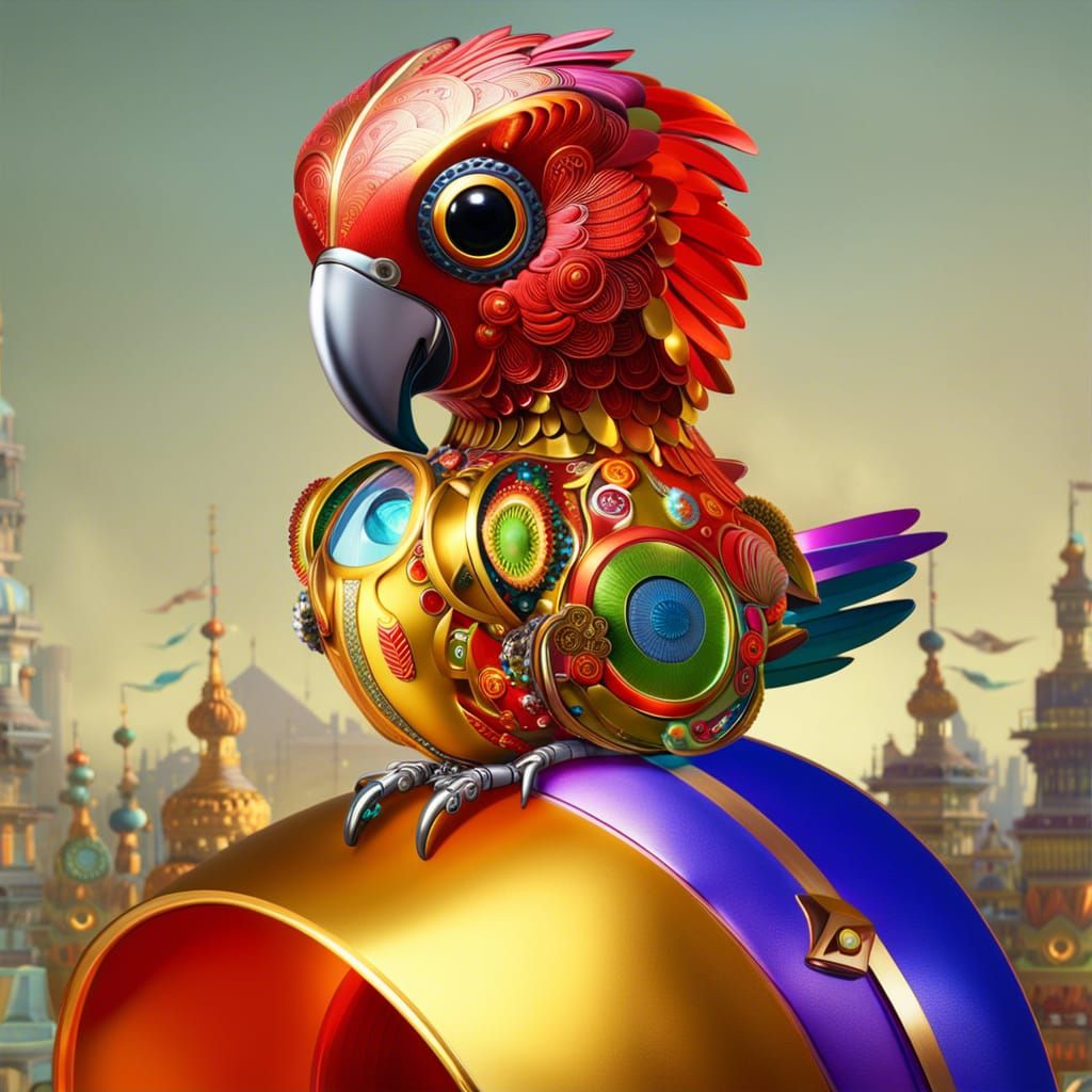 Toddler with Robotic Parrot in Dr. Suess Style