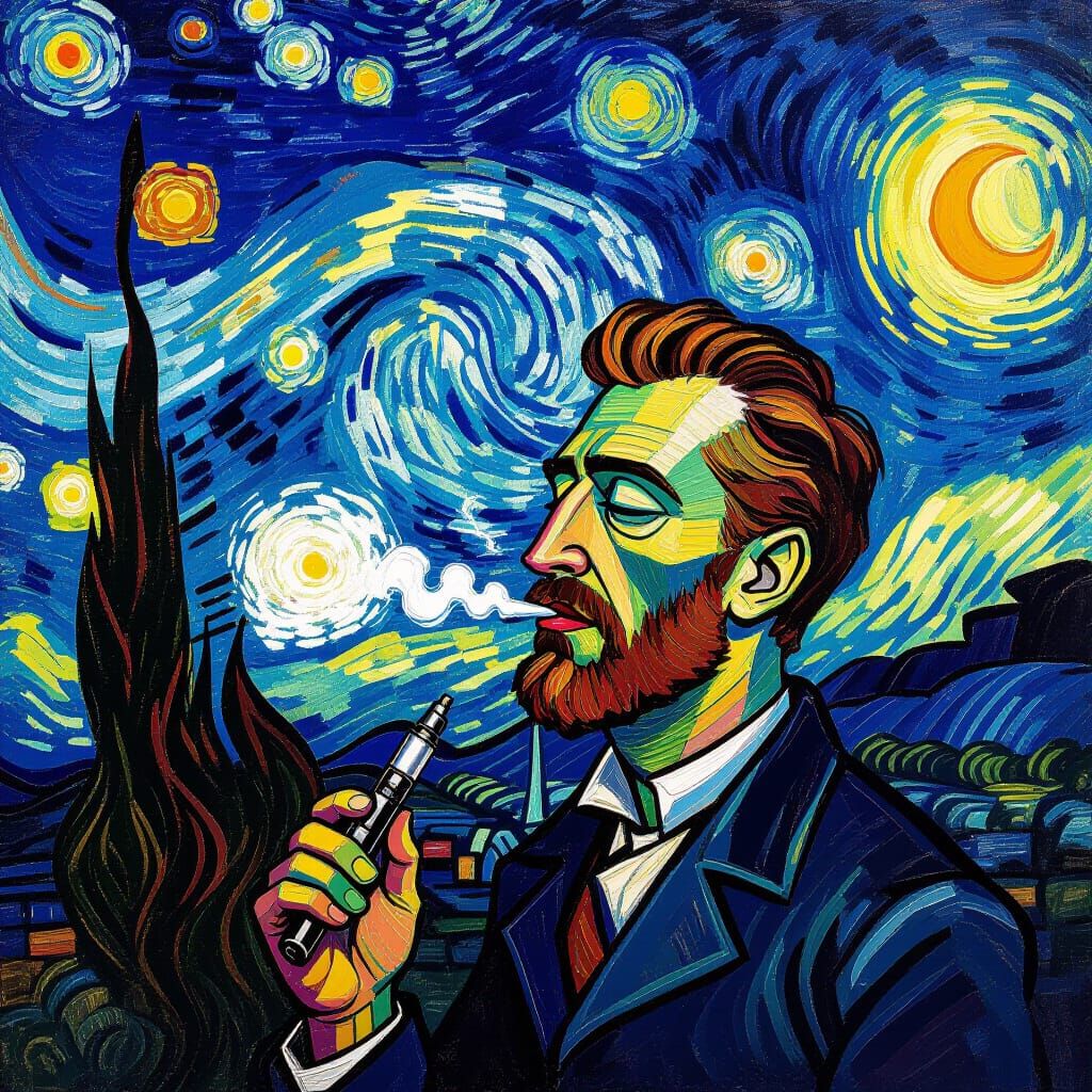 Man Smoking E-Cigarette in Van Gogh Style