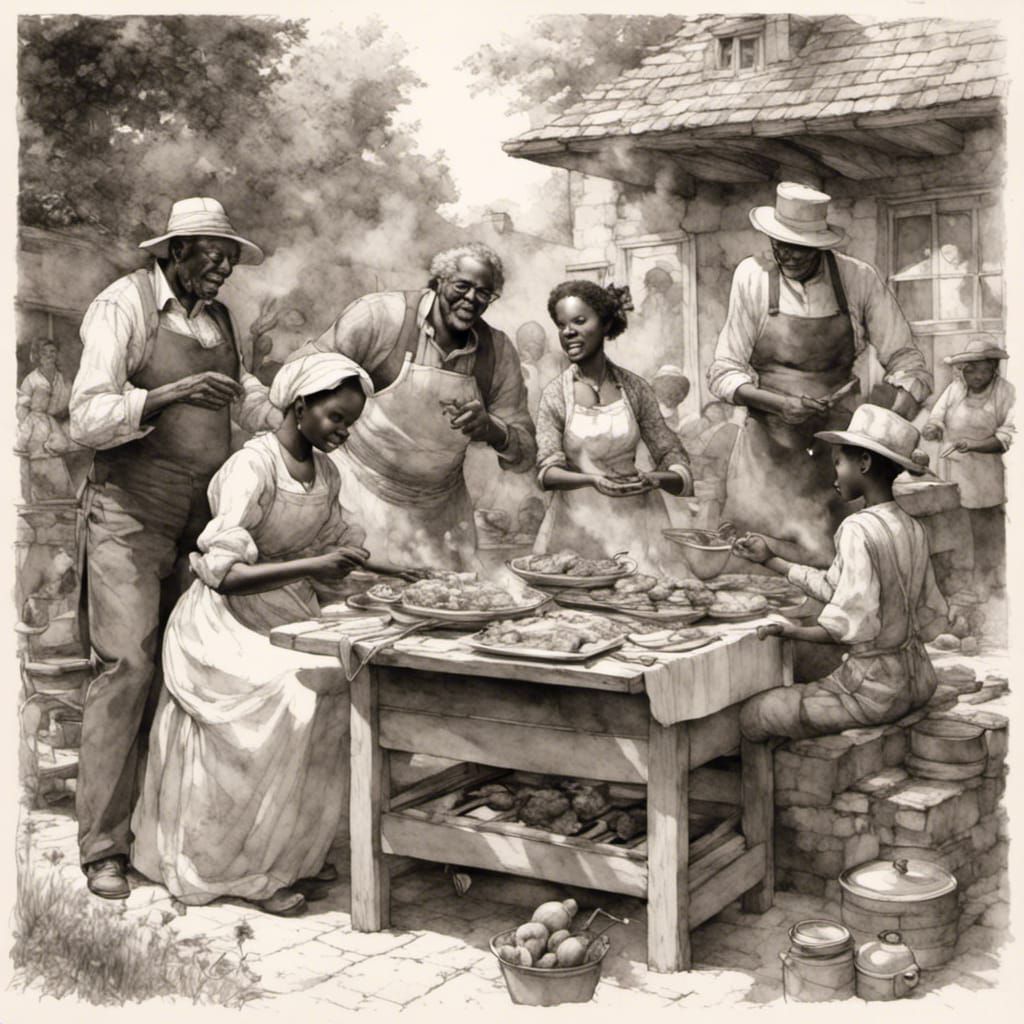 Family BBQ as a Detailed Pencil Sketch