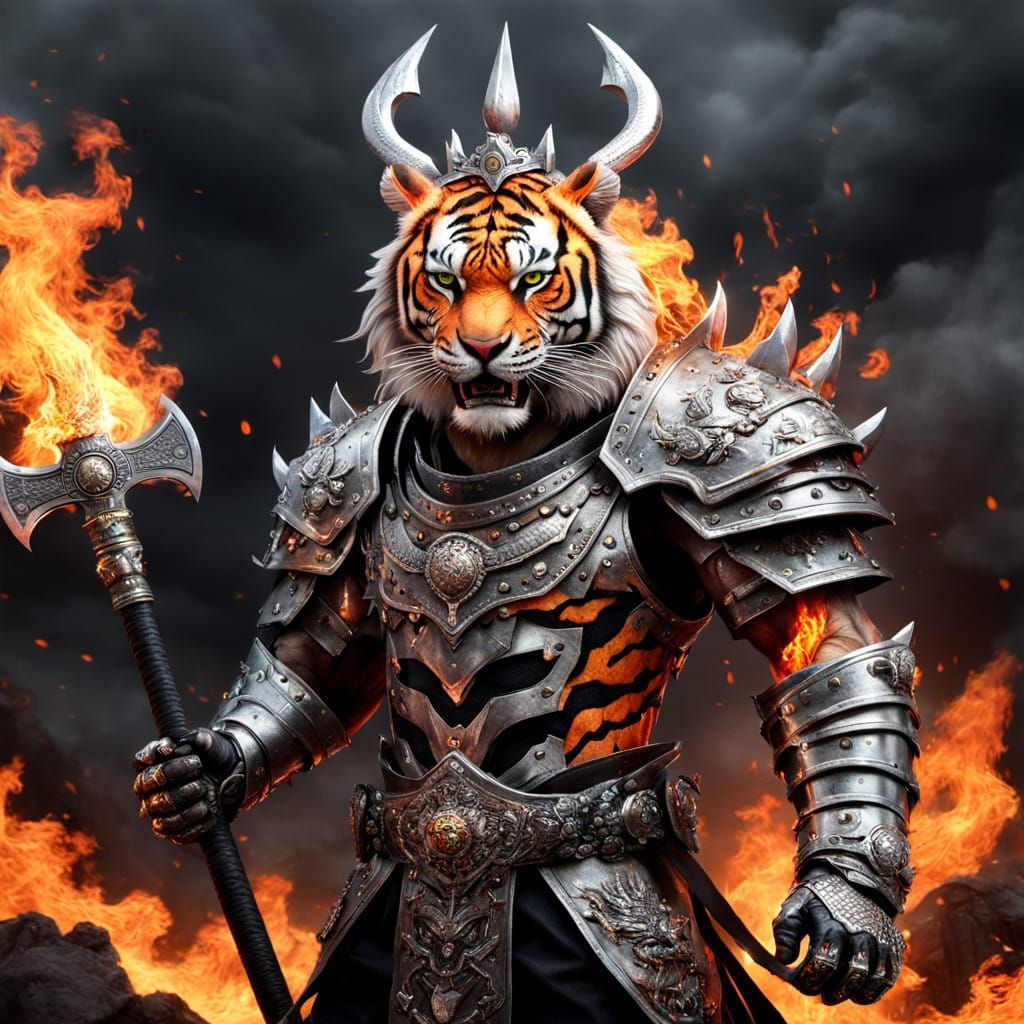 Cyberpunk Tiger Warrior Wields the Flaming Crown of Fire
