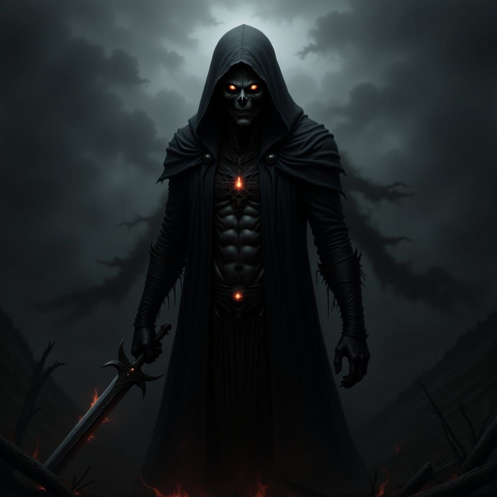 Shadow Deity Appears from Mist with Fiery Sword