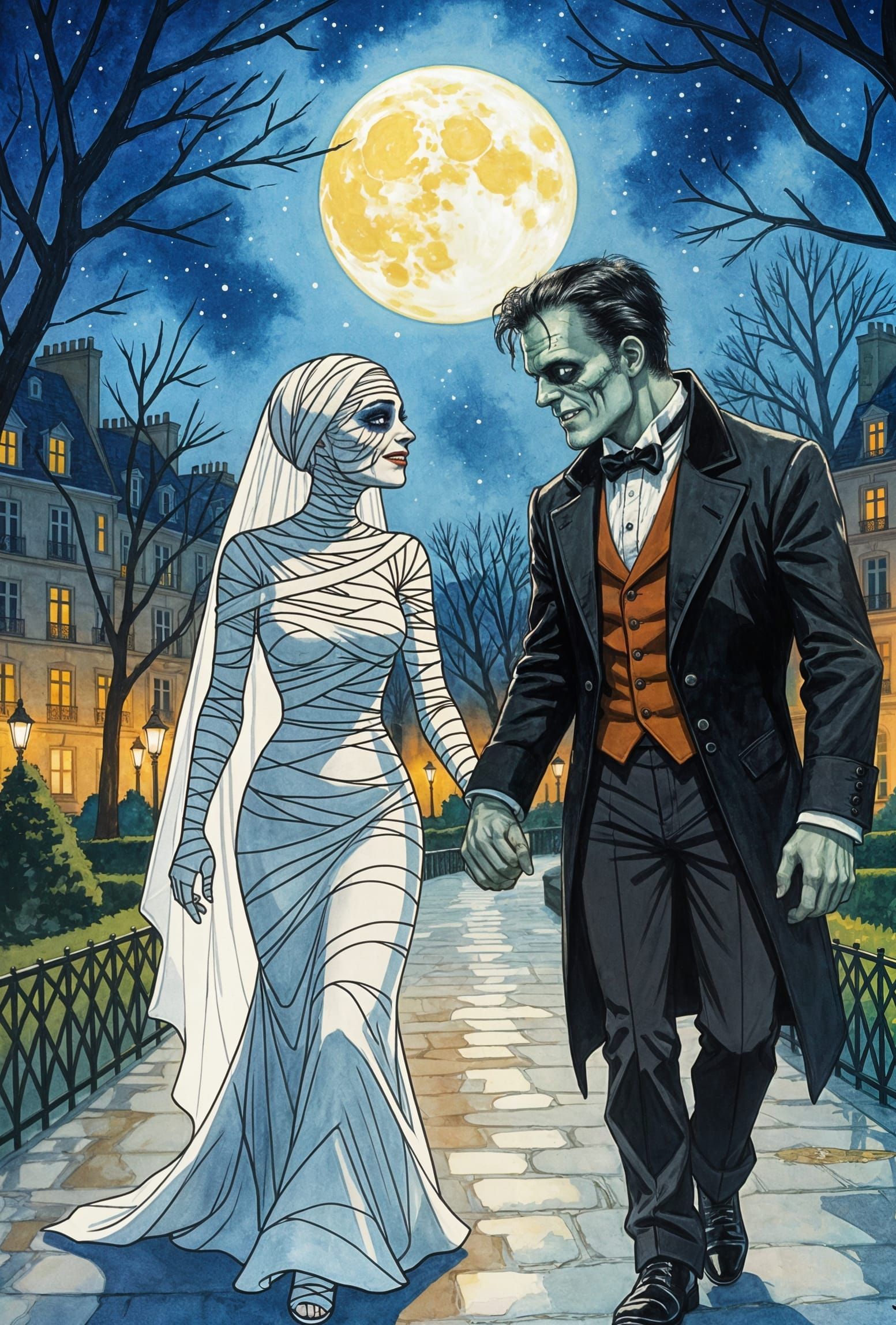 Mummy and Frankenstein Embrace in Moonlit Paris