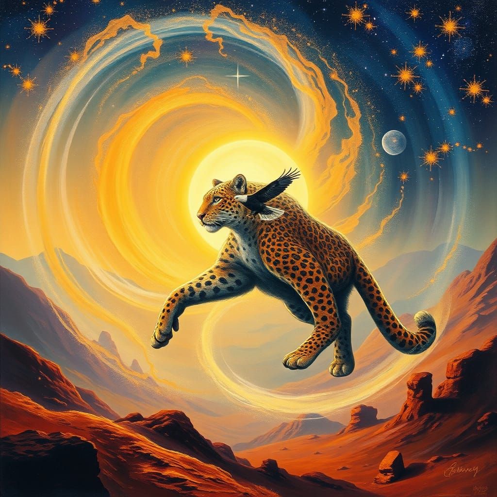 Celestial Leopard Born from Cosmic Galaxies