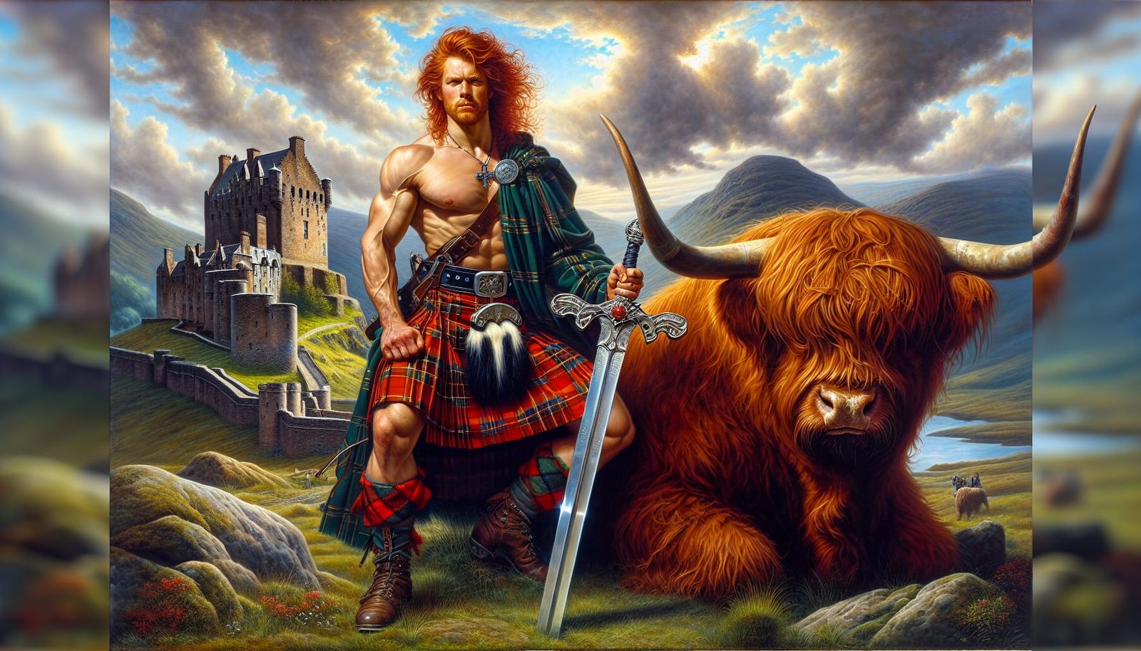 Surreal Scottish Highlander Warrior in Traditional Attire wi...
