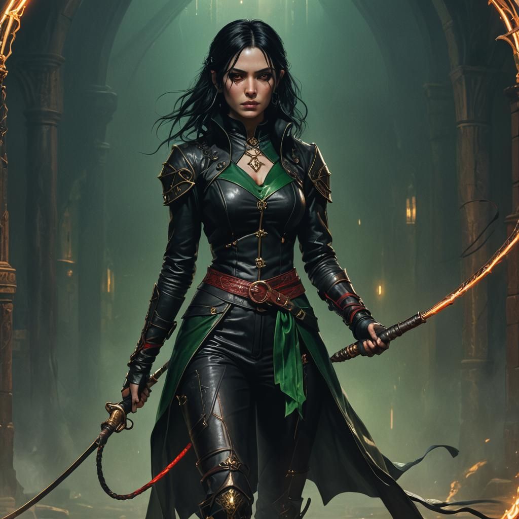 Gothic Fantasy Woman with Whip in Leather Outfit