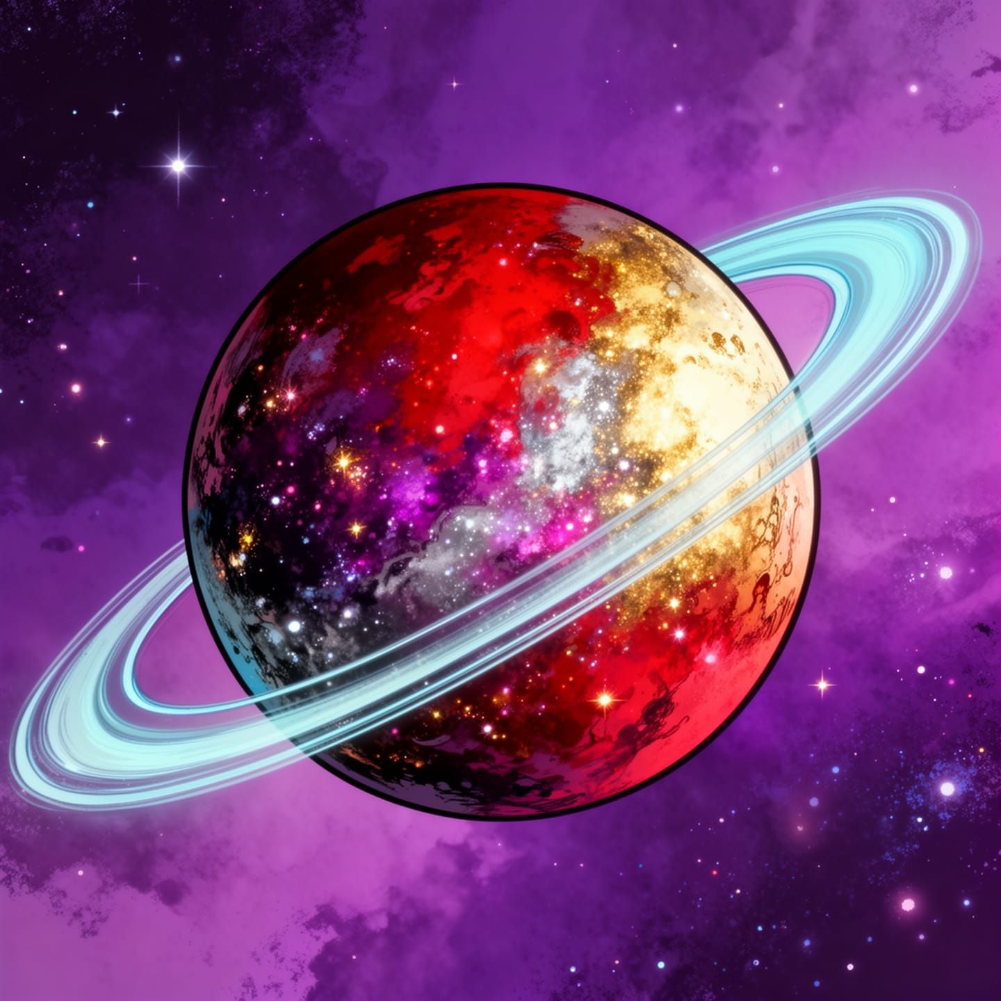 Vibrant Starry Planet with Energy Rings in Comic Style