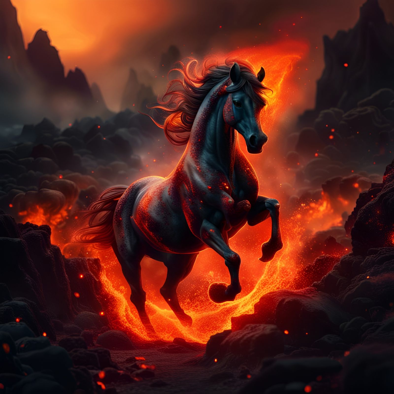 Fiery Horse Galloping Through Lava, Digital Painting