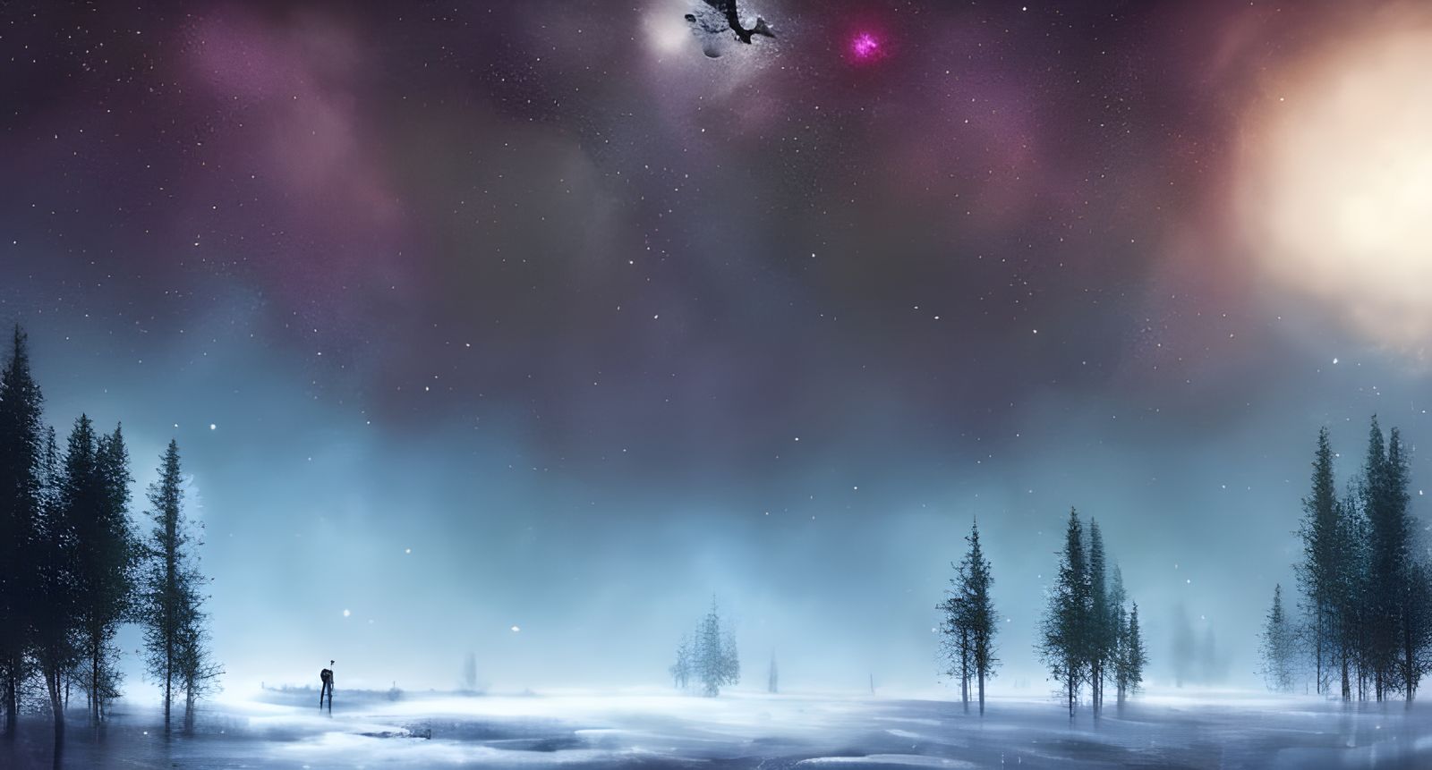 Dreamlike Night Sky Over Winter Forest, Digital Art