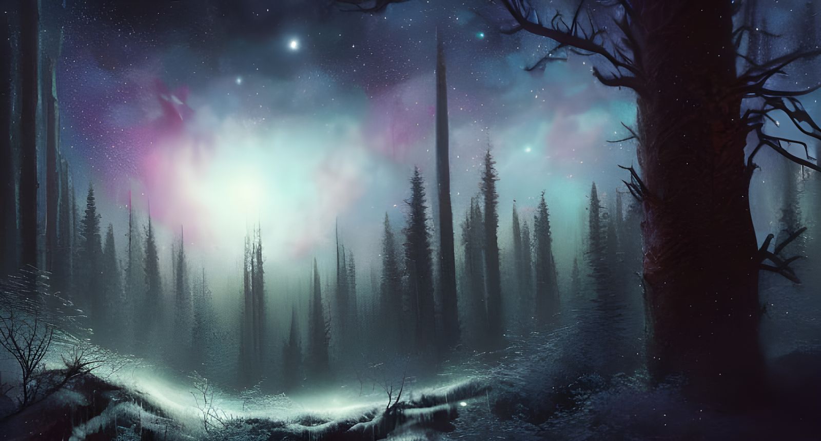 Hyper-Realistic Night Sky Over Winter Forest