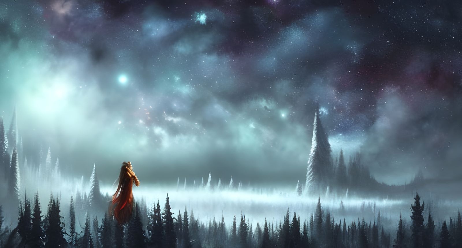 Detailed Night Sky Over Winter Forest in Digital Art