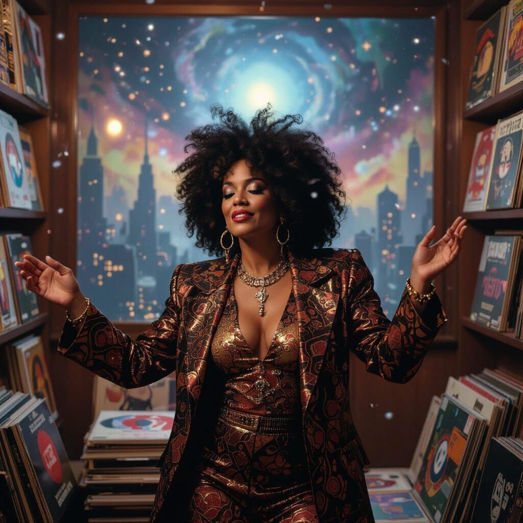 Afrofuturist Disco Queen in a Cozy Room