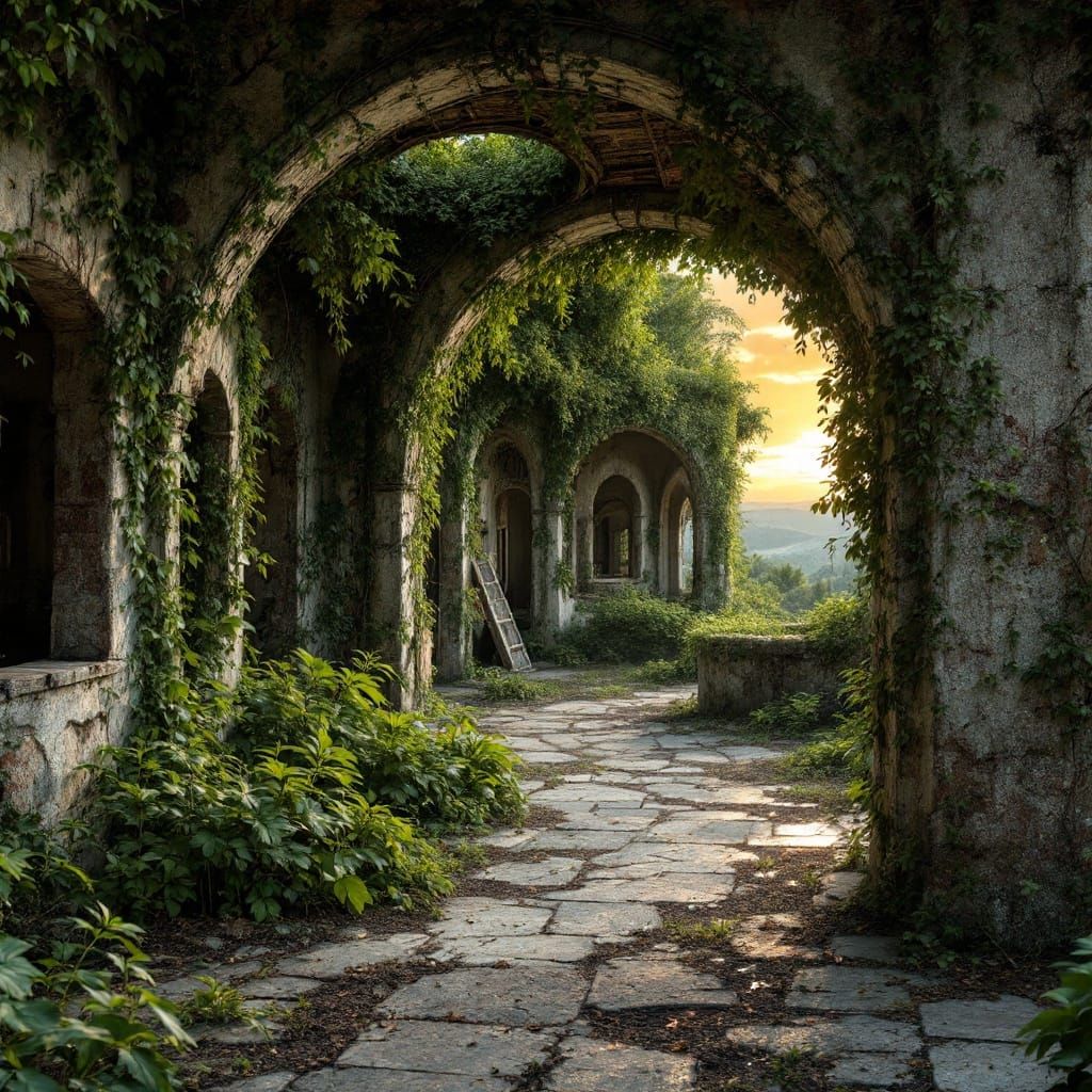 Post-Apocalyptic Villa Abandoned in Nature with Orange Sunse...