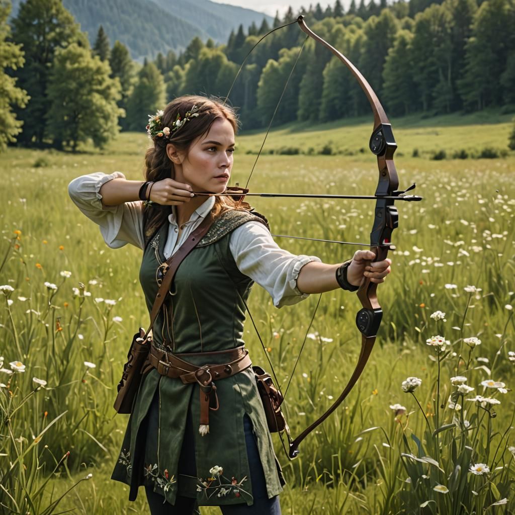 Woman Archer in Meadow Landscape