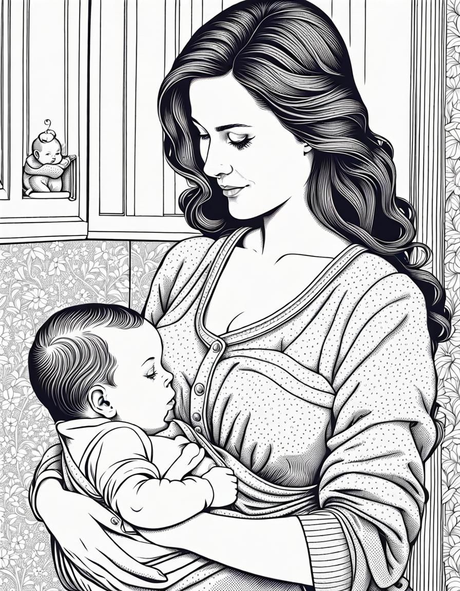 Young Woman and Newborn in Detailed Drawing