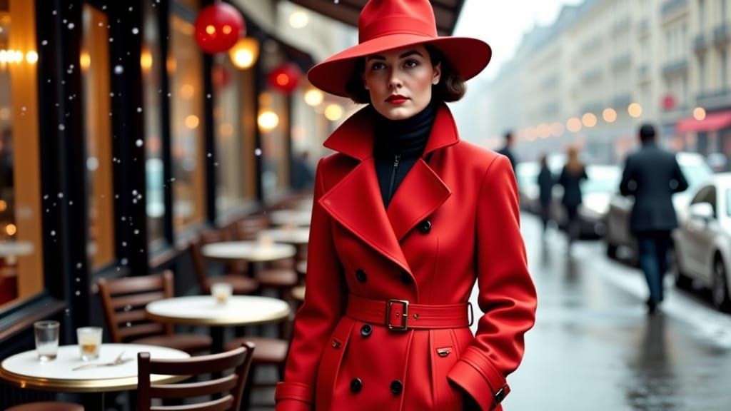 Woman in Red Coat Walks in Snowy Paris Evening