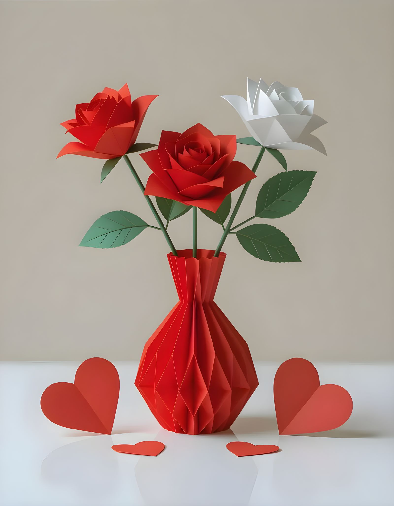 Origami Valentine Roses and Hearts in Bud Vase