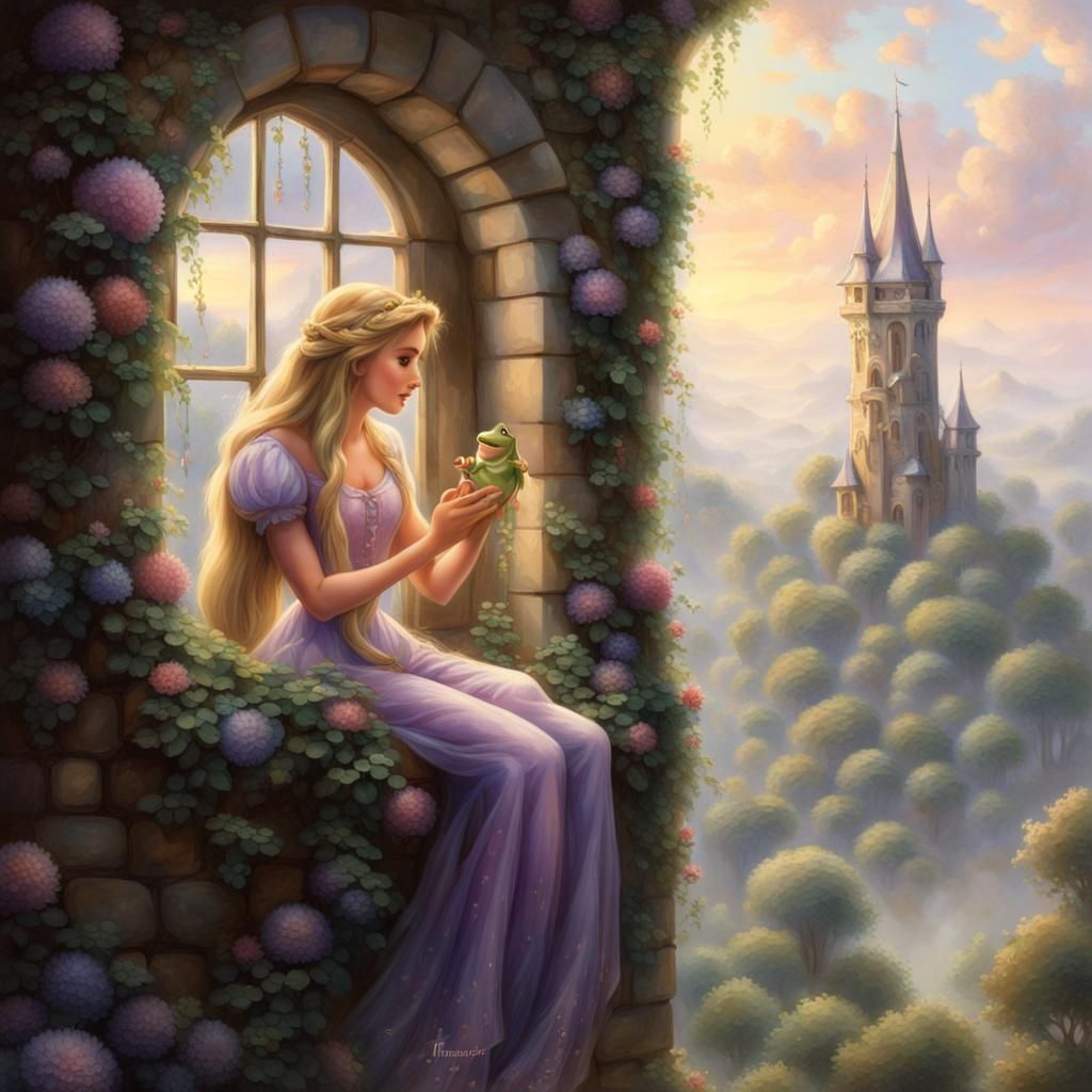 Rapunzel in Tower with Prince, Ethereal Fantasy Style